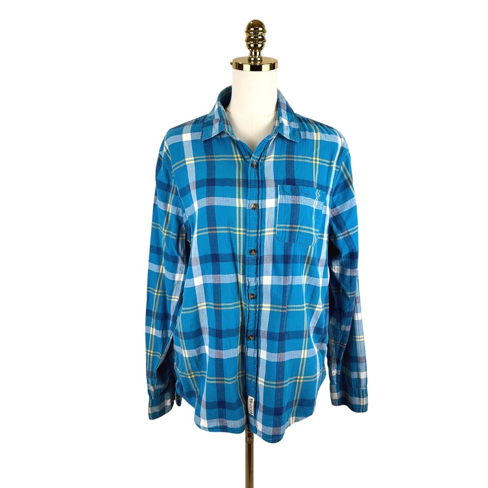 Hollister Mens Blue Plaid Flannel Button Down Shirt Large Long Sleeve Casual